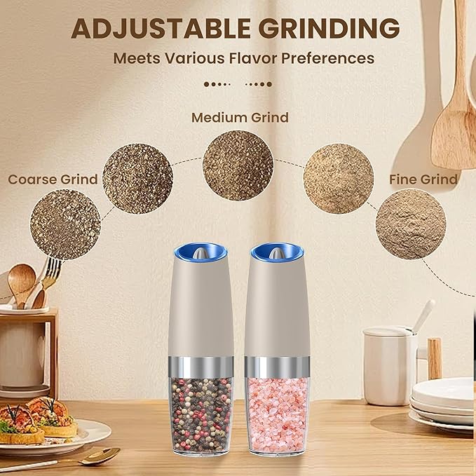 Gravity Electric Salt And Pepper Grinder Set, Automatic Salt And Pepper Grinder Set, Battery Powered (6 AAA Batteries Each), Adjustable Roughness, LED Light, 2 Pack, (Khaki)