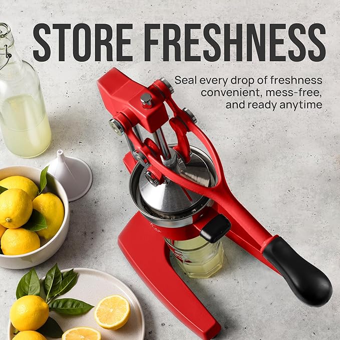 Zulay Kitchen Cast Iron Juicer - Easy-to-Clean Heavy-Duty Manual Juicer, Professional Citrus Juicer - Stainless Steel Lemon Squeezer - Manual Citrus Press & Orange Squeezer - Orange Juicer (Red)