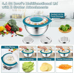 P&P CHEF Mixing Bowls with Lids Set of 3, Stainless Steel Mixing Bowl and Colander for Kitchen, 3 Grater Attachments & Non-Slip Bottoms, Visible & Airtight Lid, Blue