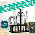 Modern Mixology Cocktail Shaker Set - Bartender Kit with Pine Stand | Leak-Proof Design | Includes Martini Shaker, Jigger, Strainer, Spoon, Tongs | Perfect Bar Tools Gift for Home Mixology (Silver)