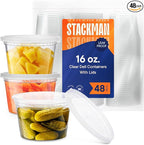 Stack Man Deli Containers with Lids [48 Sets - 16 oz.] Pint Plastic Soup Container - Disposable Deli Food Storage Containers with Airtight Lids for Freezer & Restaurant Takeout
