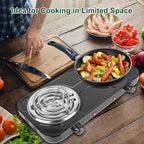 Double Burner Cooktop, 2000W Portable Electric Stove, 5 Level Temperature Control, 6” Heating Coil, Easy to Clean, Power Indicator Lights, Coil Hot Plate for Home Dorm Camping Cooking