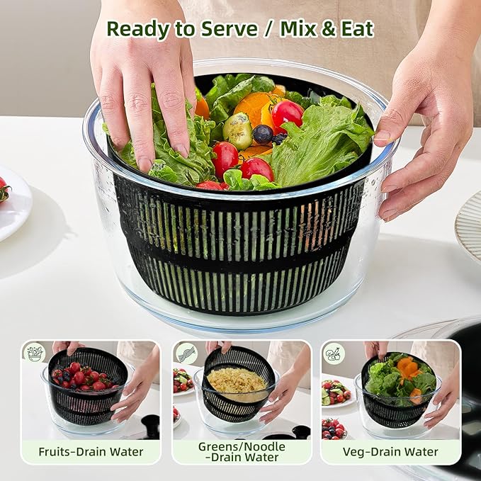 Large 5.2 Qt Glass Salad Spinner Vegetable Dryer with Drain Microwave Safe Dishwasher Safe with Transparent Lid Crank Handle Quick Spin Greens Washer for Lettuce Herbs Fruits (black)