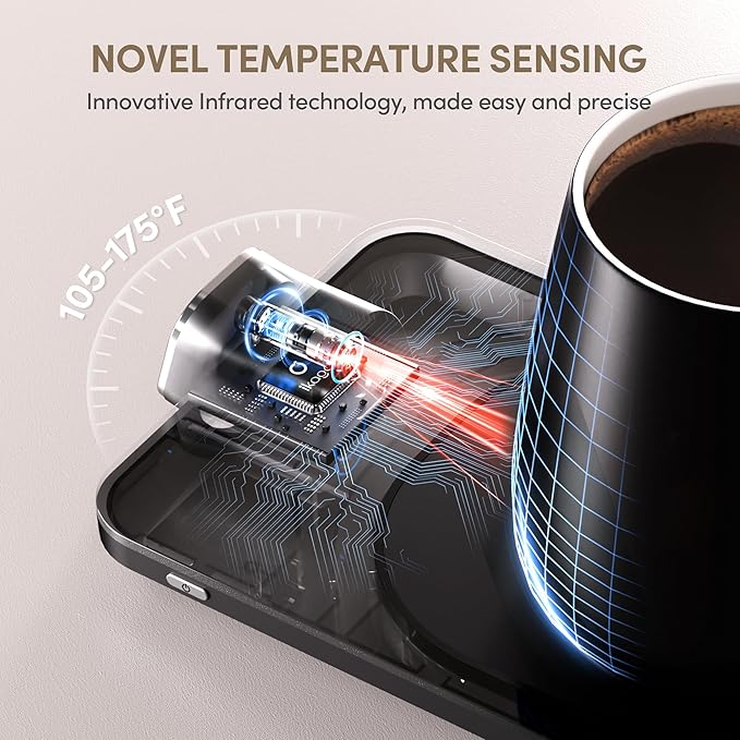 2Pcs Heated Coffee Mug Warmer & Mug Set - Heated Mug Warmer Plates with Auto Shut Off, 1°F Precise Electric Coffee Warmer Plates for Desk, Valentine's Day Gift for Couple, Dark Grey and Pink