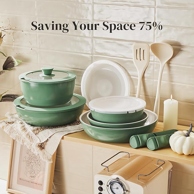 Redchef 16pcs Ceramic Pots and Pans Set Non Stick, Nonstick Ceramic Cookware Set with Detachable Handle, Non Toxic, PFAS PFOA & PTFE Free RV Cookware for Camping, Dishwasher/Oven Safe (Green)