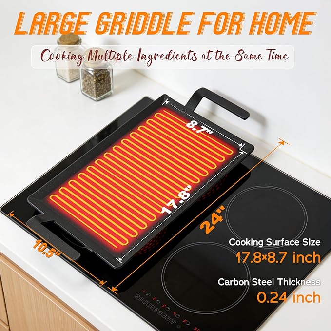 Premium Carbon Steel Griddle, Large Non-Toxic Stovetop Flat Top Pan for Gas, Electric Range, Induction, Grill & Campfire, Pre-seasoned Nitride Coating, Oven Safe to 1200°F, with Heat-insulating Gloves