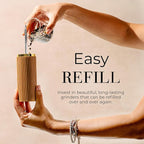 Wooden Salt and Pepper Grinder Set – Refillable Manual Salt and Pepper Mills with Adjustable Ceramic Burrs, Gold Detailing, and Wood Stand