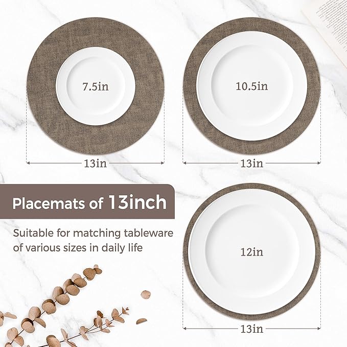 13" Round Placemats Set of 6, Reversible Faux Leather Heat Resistant Table Mats, Waterproof Oilproof Wipeable Table Protective Placemats for Vinyl, Washable for Indoor & Outdoor Use (6, Dark Coffee)