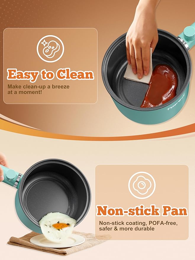 Topwit Hot Pot Electric, 1.5L Ramen Cooker, Portable Non-Stick Frying Pan, Hot Pot for Pasta, Steak, BPA Free, Electric Cooker with Dual Power Control, Over-Heating & Boil Dry Protection, Green
