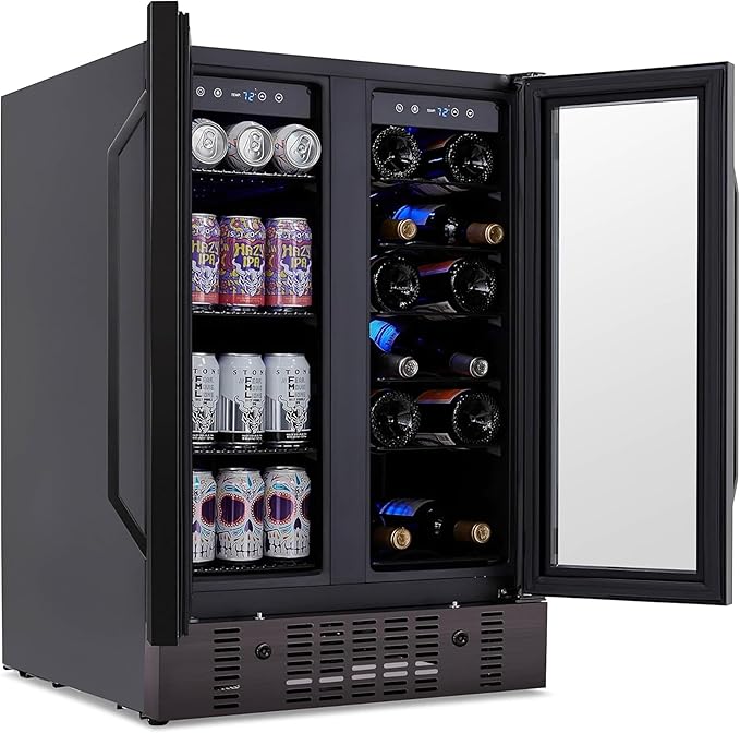 NewAir 24" Dual Zone Wine and Beverage Refrigerator, 18 Bottle & 58 Can, French Door Built-In Fridge with Lock, Black Stainless Steel Cooler, Digital Thermostat, Adjustable Shelves