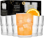 Kitchen Lux Ribbed Drinking Glasses - Ribbed Glass Cups 15 oz - Ribbed Glassware Set of 6 - Textured Vintage Retro Ripple Aesthetic Glass Ware for Whiskey Cocktail Beer Water, Coffee Bar Accessories