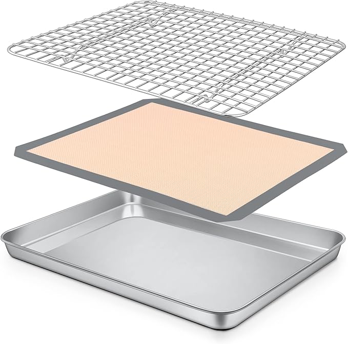 P&P CHEF 12.5 x 9.7 x 1 Inch Toaster Oven Pan with Grid Rack and Silicone Mat, Stainless Steel Toaster Oven Tray Baking Pan with Cooling Roasting Rack, Dishwasher Safe (3Pcs)