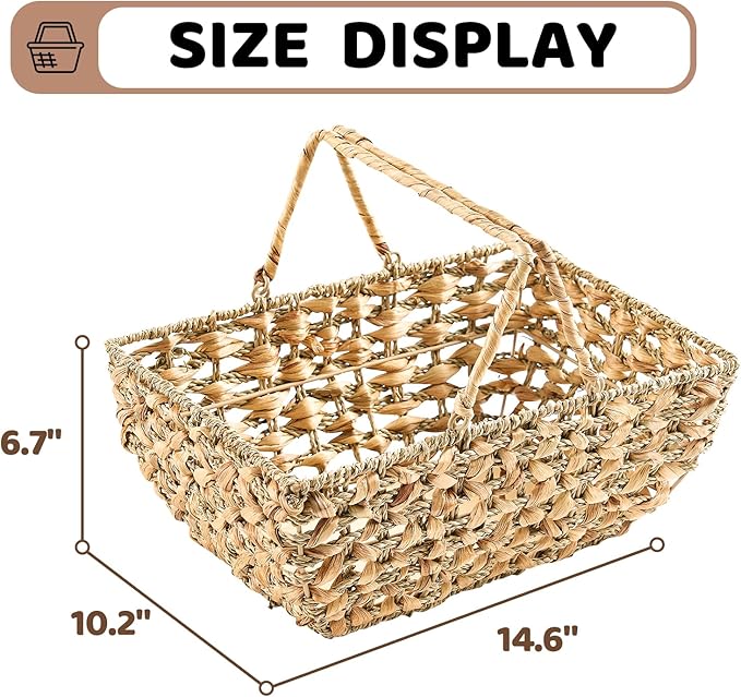 Wicker Picnic Basket with Handles, Wicker Baskets with Wooden Base for Picnic, Camping & Storage Basket