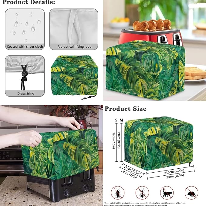 Monstera Leaves Small Appliance Covers 3 Pcs Set Waffles Maker Oven Dust & Blender Cover with Top Handle & Crock Pot Dust Cover Fingerprint Protection