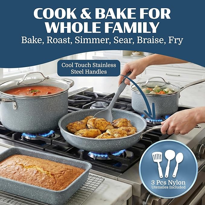 Granitestone Ceraluxe 20 Pc Ceramic Cookware Set Nonstick, Complete Pots and Pans Set Non Stick for Kitchen with Bakeware, Utensils & Steamer, Non Toxic Made Without PFOA PFOS, Oven & Dishwasher Safe