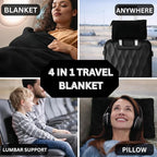 Travel Blanket and Pillow Compact – 4-in-1 Soft Fleece Airplane Blanket with Bag Pillowcase, Neck Pillow, Eye Mask & Earplugs, Lightweight Portable Flight Blanket 60"x43" (Black)