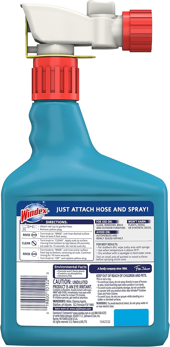 Windex Outdoor Window and Glass Cleaner for Hose Ammonia Free, Concentrated Formula for Deep Outdoor Clean, Patio Cleaner, Compatible With All Hoses, 32 Fl Oz (Pack of 8)