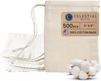 Celestial Gifts Muslin Drawstring Bags - 500pcs, 3x5, Reusable for Tea, Jewelry, Spice and Cotton Gift Sachets - 100% Cotton - Made in USA - Natural Hem & Drawstring