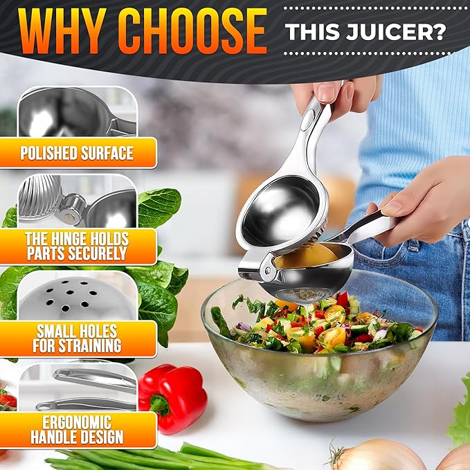 Stainless Steel Lemon Squeezer – 8.3"x2.6" Lime Squeezer | Heavy-Duty, Ergonomic Handheld, Juicer for Citrus Juice Extraction for Holiday & Festive Drinks, Great Kitchen Gifts for Chefs