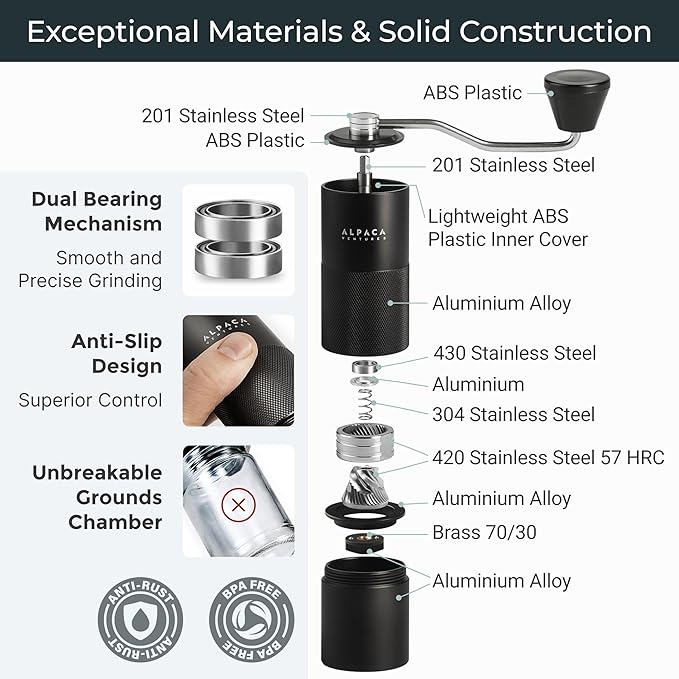 Premium Manual Coffee Grinder for Espresso, Pour Over & French Press with Stainless Steel Conical Burr, Precision Adjustable Hand Grinder, Compact Travel Size - by Alpaca Ventures