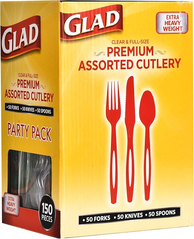 Glad Premium Assorted Plastic Cutlery | Clear Extra Heavy Duty forks, Knives, And Spoons | 150 Piece Set of Disposable Party Utensils, and Sturdy Cutlery - 6 Pack