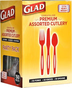 Glad Premium Assorted Plastic Cutlery | Clear Extra Heavy Duty forks, Knives, And Spoons | 150 Piece Set of Disposable Party Utensils, and Sturdy Cutlery - 6 Pack