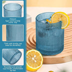 Physkoa Blue Ribbed Drinking Glasses Set of 6 – 9oz Vintage Blue Glassware, Embossed Ribbed Tumbler Cups for Iced Coffee, Water, Juice, Cocktail – Aesthetic Kitchen Glass Set