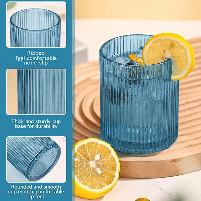 Physkoa Blue Ribbed Drinking Glasses Set of 6 – 9oz Vintage Blue Glassware, Embossed Ribbed Tumbler Cups for Iced Coffee, Water, Juice, Cocktail – Aesthetic Kitchen Glass Set