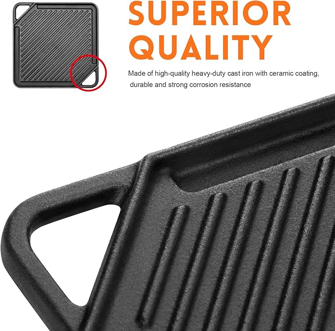 GGC Cast Iron Reversible Griddle, 2-In-1 Griddle Pan for Gas Grills and Stove Tops, 10 x 10 Square Baking Flat and Ribbed Griddle Plate