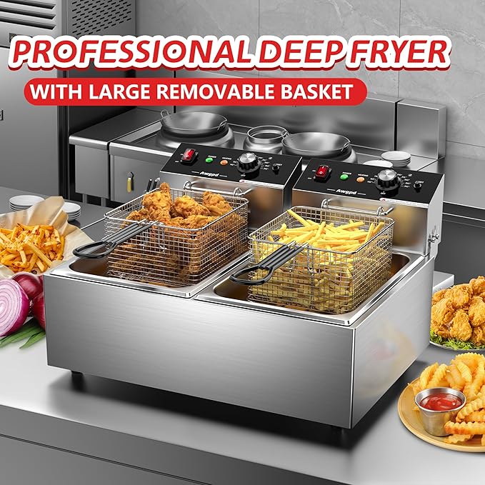 Commercial Deep Fryer,3400W Electric Deep Fryers with Baskets Thickened Stainless Steel Countertop Oil Fryer,10L X 2(21.3QT) Electric Countertop Fryer for Restaurant and Home Use
