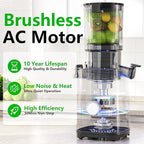 Cold Press Juicer, Juicers Machines - 5.3" Large Feed Chute for Whole Fruits & Vegetables, Powerful AC Brushless Motor, 99% Juice Yield, Ultra Quiet, Easy Clean, Extra one Replace juicer strainer