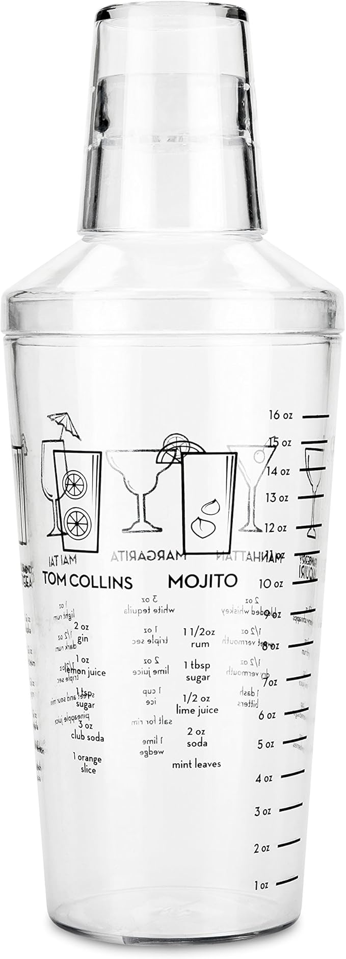 True Maraca Cocktail Shaker with Built In Strainer, Drink Mixer with 7 Classic Drink Recipes & Measurements, Perfect for Game Nights, BBQ, House Party, Picnic, Home Bar Accessories, 16 oz, Set of 1