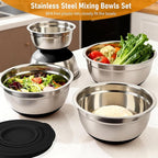 CHAREADA Mixing Bowls with Airtight Lids, 18pcs Stainless Steel Nesting Colorful Mixing Bowls Set Non-slip Silicone Bottom, Size 4.5, 3.6, 2.7, 2.1, 1.7, 1.1, 0.7 qt, Fit for Mixing & Serving (Black)