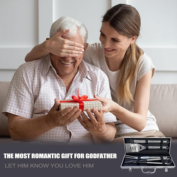 Godfather Gifts, Christmas Godfather Gifts for Him Heavy Duty Grilling Accessories Kit for Backyard BBQ, Thick Stainless Steel Grill Utensils with Non-Slip Handle Tool for Man on Birthday