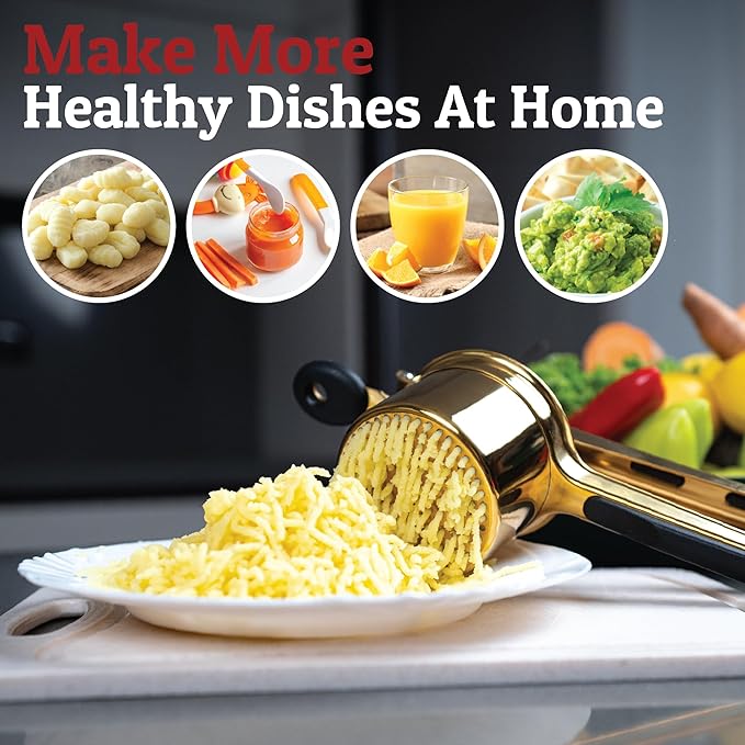 PriorityChef Large 15oz Potato Ricer, Heavy Duty Stainless Steel Potato Masher and Ricer Kitchen Tool, Press and Mash Kitchen Gadget For Perfect Mashed Potatoes - Everytime, Gold and Black