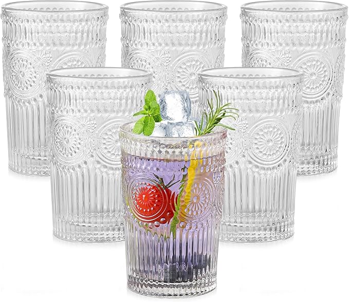 ZMOWIPDL Vintage Glassware Drinking Glasses Set of 6,13 oz Clear Textured Flower Design Glass Water Tumblers，Embossed Striped Drinkware for Water,Cocktails,Juice,Iced Coffee