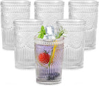 ZMOWIPDL Vintage Glassware Drinking Glasses Set of 6,13 oz Clear Textured Flower Design Glass Water Tumblers，Embossed Striped Drinkware for Water,Cocktails,Juice,Iced Coffee