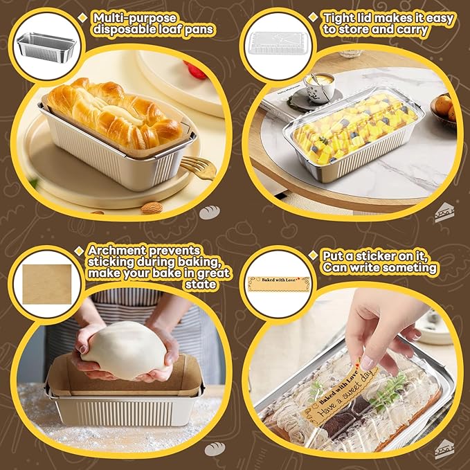 Gyreuni 80 Pack Aluminum Loaf Pans with Lids Stickers and Parchment Paper Sheets,2.4Lb Heavy Duty Aluminum Foil Premium Bread Tins - 8.3" X 4.1" X 2.2" Disposable Baking Pans