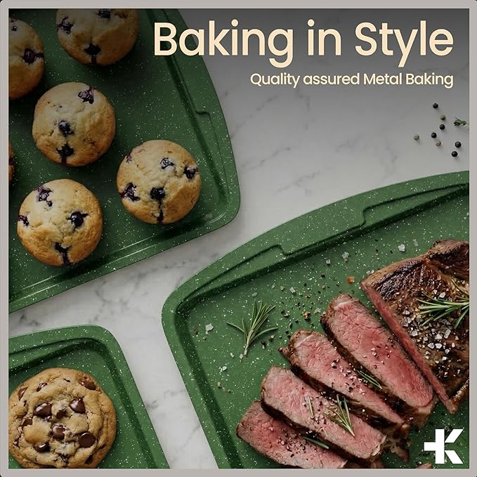Green 10-Piece Bakeware Sets, Nonstick Carbon Steel Baking Sheet & Pans, Stackable Space-Saving Bakeware, Dishwasher Safe, Stain-resistant, PFOAPFOSPTFE Free, Oven Safe Up To 450°F (230°C)