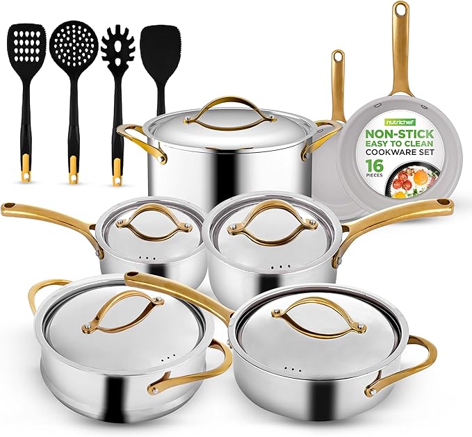 NutriChef 16 Piece Stainless Steel Cookware Set, Induction Cookware with Golden Handles - Non Stick Pots and Pans Set with lids and Utensils - PFOA/PFOS Free, Oven Safe, & Easy to Clean