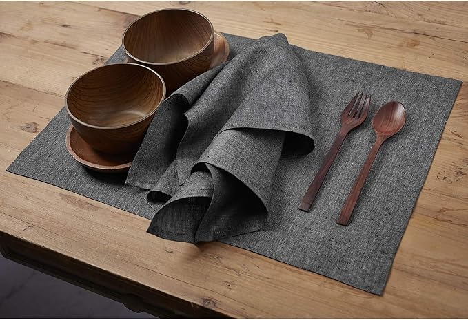 Solino Home Linen Placemats Set of 4 - Charcoal Grey Placemats 14 x 19 Inch - 100% Pure Linen Table Mats for Winter - Athena