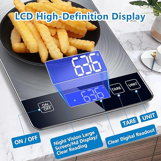 Food Kitchen Scale, Digital Food Scale 33lb Digital Kitchen Scale Precisely Measures Grams and Ounces for Meal Prep Baking and Cooking, Rechargeable 304 Stainless Steel Kitchen Scale LCD Display