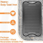 Reversible Cast Iron Griddle Plate for Gas Grill, Stovetop Grill Pan for Electric Stove, Pre-Seasoned Grill Griddle Pan for Gas Stove Top 2 Burner, Extra Large Stove Top Grill Plate 20" x 10.5"