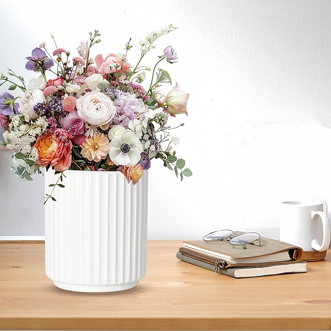 Small Utensil Holder for Kitchen Counter (H5.51” x W4.92”), Countertop Utensil Holder for Kitchen Ceramic, Utensils Crock for Countertop, Includes Silicone Drying Mat, White