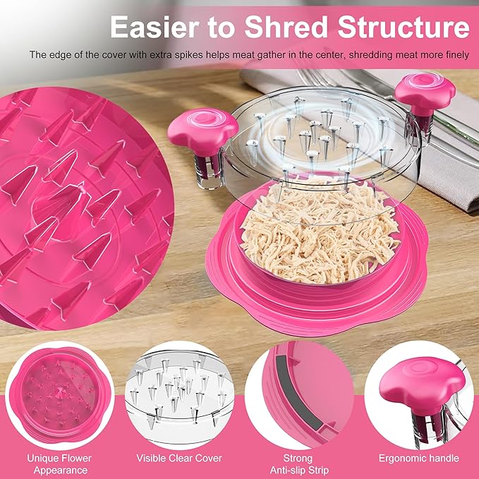 SURETIVIAN Chicken Shredder Large Chicken Breast Shredder Tool Twist with Brush&Fork, Visible Meat Shredder Machine, Anti-Slip Strip, Ergonomic Handle, BPA Free, Pork Beef Chicken(Hot Pink)