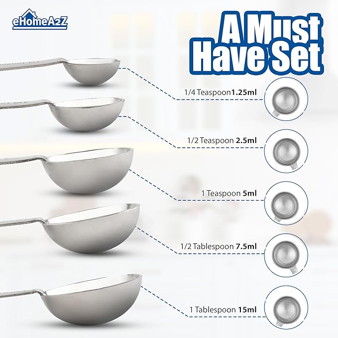 EHOMEA2Z 5-Piece Stainless Steel Measuring Spoon Set for Cooking and Baking, Heavy Duty, Fits in Spice Jars, Accurate for Dry and Liquid Ingredients