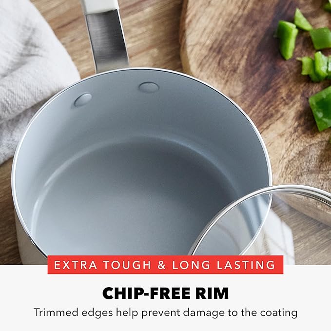 GreenPan x Bobby Flay 1.67QT Nonstick Saucepan with Glass Lid, PFAS-Free Diamond Ceramic, Induction Suitable, Stay-Cool Silicone Handle, Easy Clean Dishwasher & Oven Safe, Chef Pan, Cream