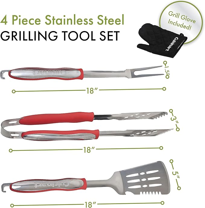 Cuisinart 3‑Piece Stainless Steel BBQ Grilling Tool Set with Grill Glove – Outdoor Grill Accessories, Perfect Grilling Gift for Men, Dads & Grill Masters, CGS-134
