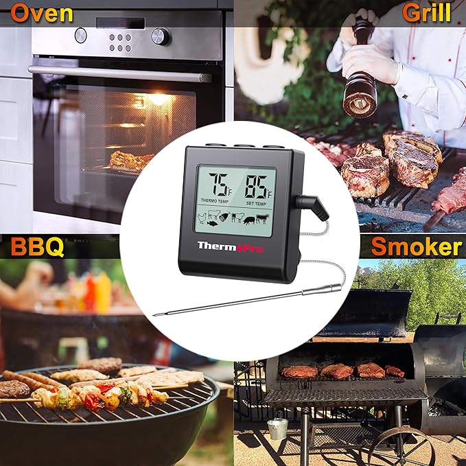 TempPro TP16H Large LCD Digital Meat Thermometer for Cooking, Smoking, Grilling, BBQ Food Thermometer with Clock Timer and Stainless Steel Probe, Black (Previously ThermoPro)