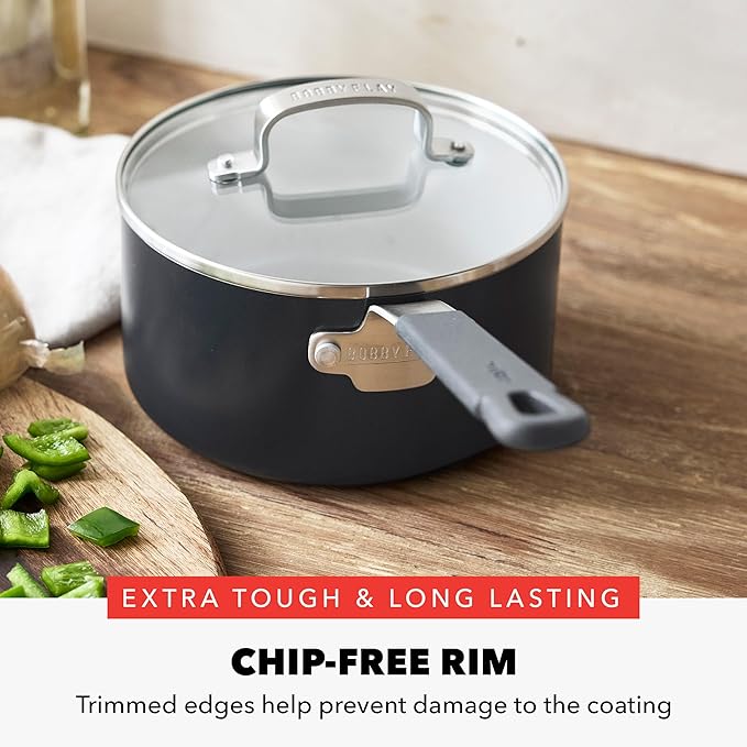 GreenPan x Bobby Flay 1.67QT Nonstick Saucepan with Glass Lid, PFAS-Free Diamond Ceramic, Induction Suitable, Stay-Cool Silicone Handle, Easy Clean Dishwasher & Oven Safe, Chef Pan, Graphite